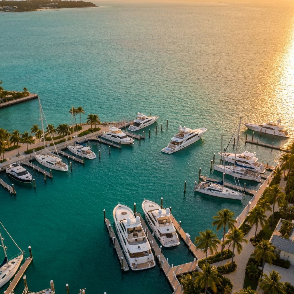 Luxury coastal marina at golden hour